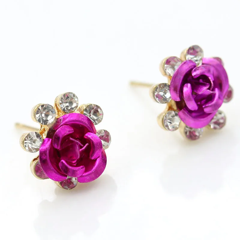 New Fashion Gold Color Rhinestones Earrings For Women Heart-shaped Crystal Red Rose Flower Stud Earrings Valentine\'s Day Gift