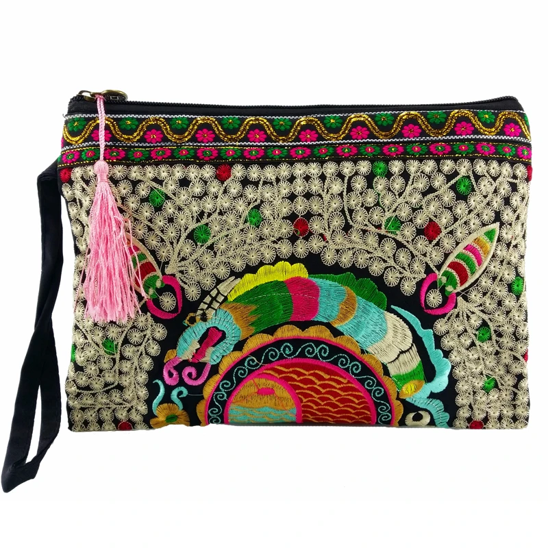 BOHO Women\'s bags Embroidery canvas wallet clutch purse for women Wristlets bag Retro Cell phone bags