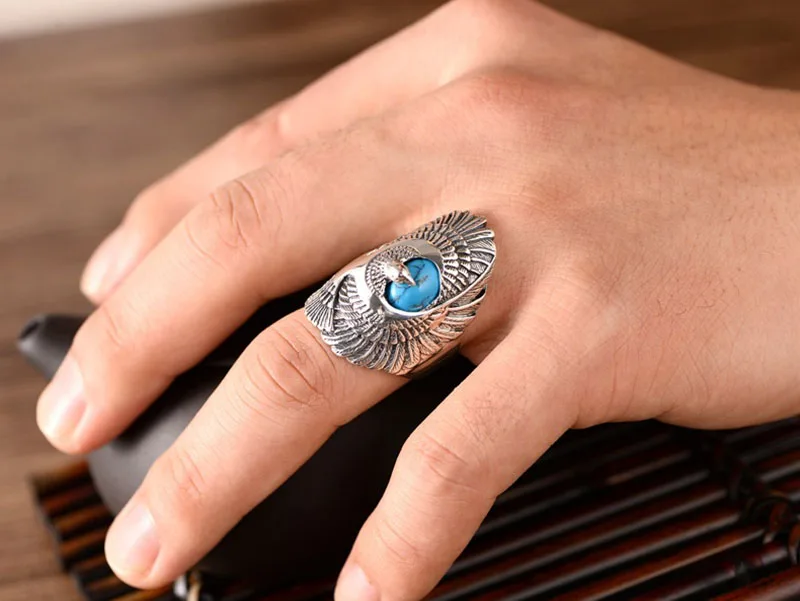 100% Real 925 Sterling Silver Ring with Natural Turquoises  Hand Carved Eagle Wings Rings for Unisex Thai Silver Jewelry