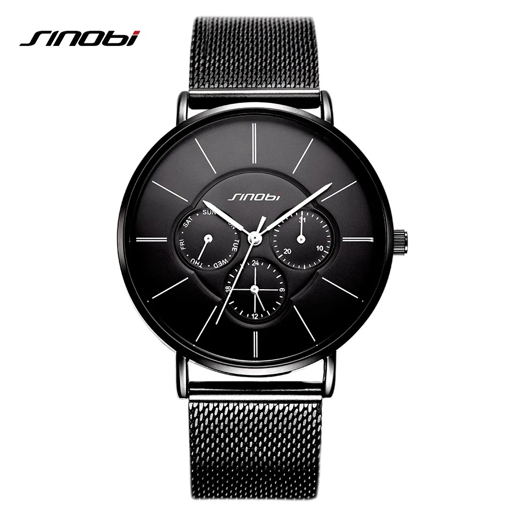 

SINOBI Fashion Black Men's Watches Stainless Steel Mesh Band Casual Analog Quartz Wristwatch Dress Ladies Watch Montre Femme