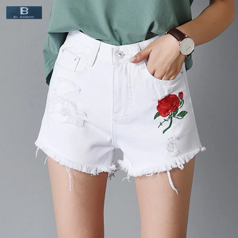 

[EL BARCO] New Hot Summer Cotton Denim Women Shorts Floral Embroidery Ripped Holes Solid White Blue Female Casual Short Jeans