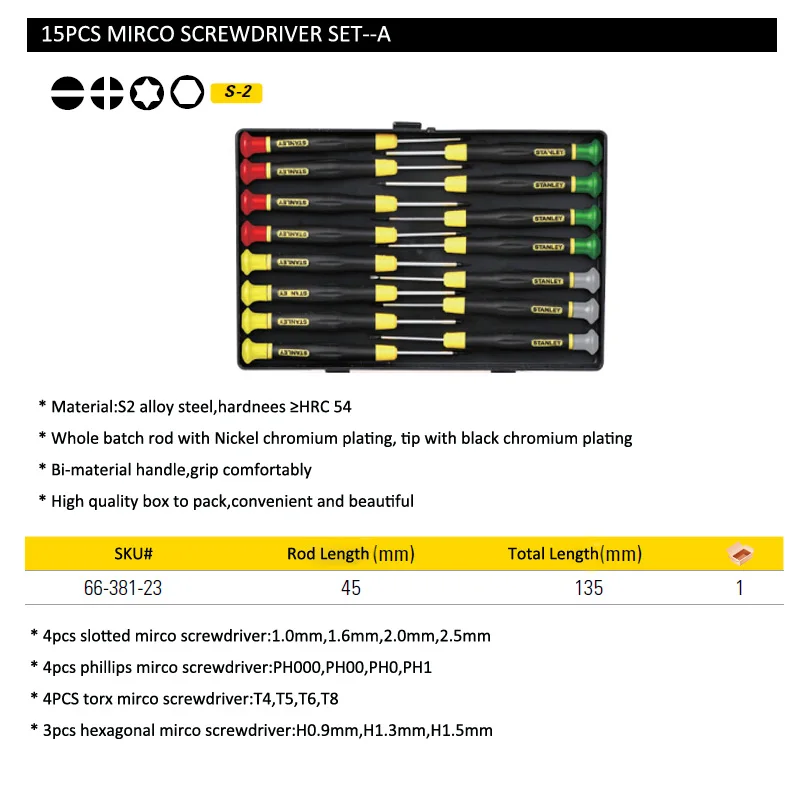 Imagem -02 - Stanley-precision Magnetic Micro Chave de Fenda Kit Torx Hex Tri Asa p5 Pentalobe y Shaped Chaves de Fenda 15 Pcs