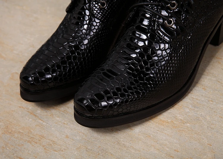 Mens shoes high heel black python skin cowboy boots mens ankle boots chelsea bota masculina lace up winter shoes men motorcycle