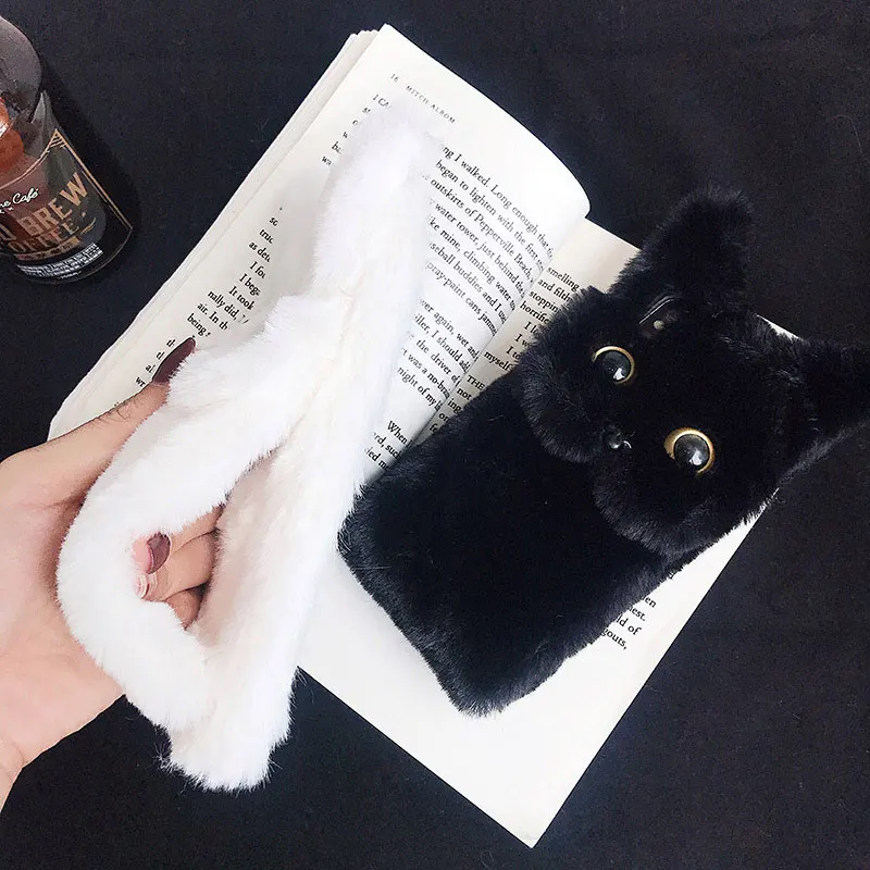 Cute Rabbit Hair Dog Cat Plush Phone Case for iPhone 14 13 12 11 Pro XS Max XS XR 8 7 Plus SE Rabbit Ears Fur Fluffy Soft Cover