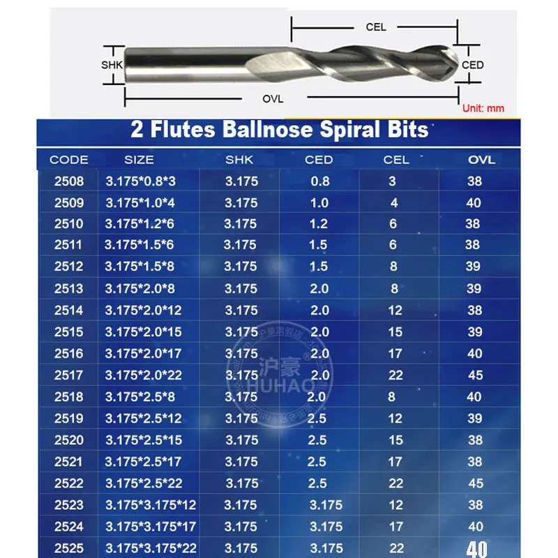 HUHAO 3.175mm SHK ballnose Two Flutes Spiral End Mills round bottomed Double Flutes Milling Cutter Spiral PVC Cutter