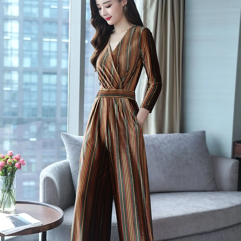 Velour Elegant Jumpsuits สำหรับผู้หญิง 2019 ฤดูใบไม้ร่วงสูงเอวกว้างขากางเกงสำนักงานทำงานเลดี้ Overalls เรียบง่าย Jumpsuit DD2018