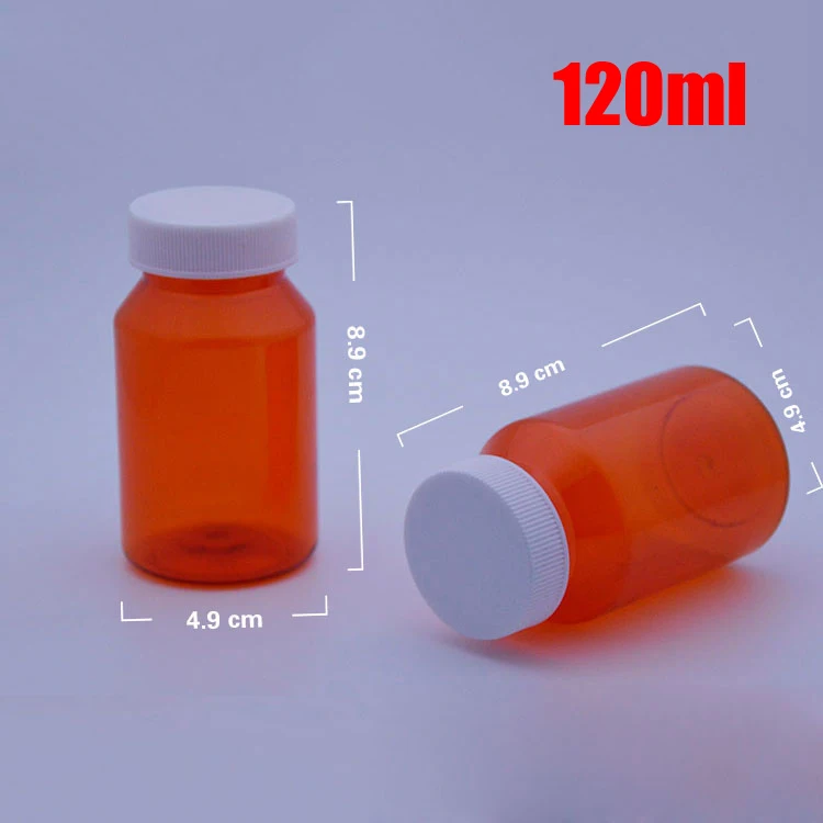 100pcs 120ml Orange PET Medicine Bottles,Capsules/Pills/Powder/Vitamin Plastic Bottles--White Color Flat Caps