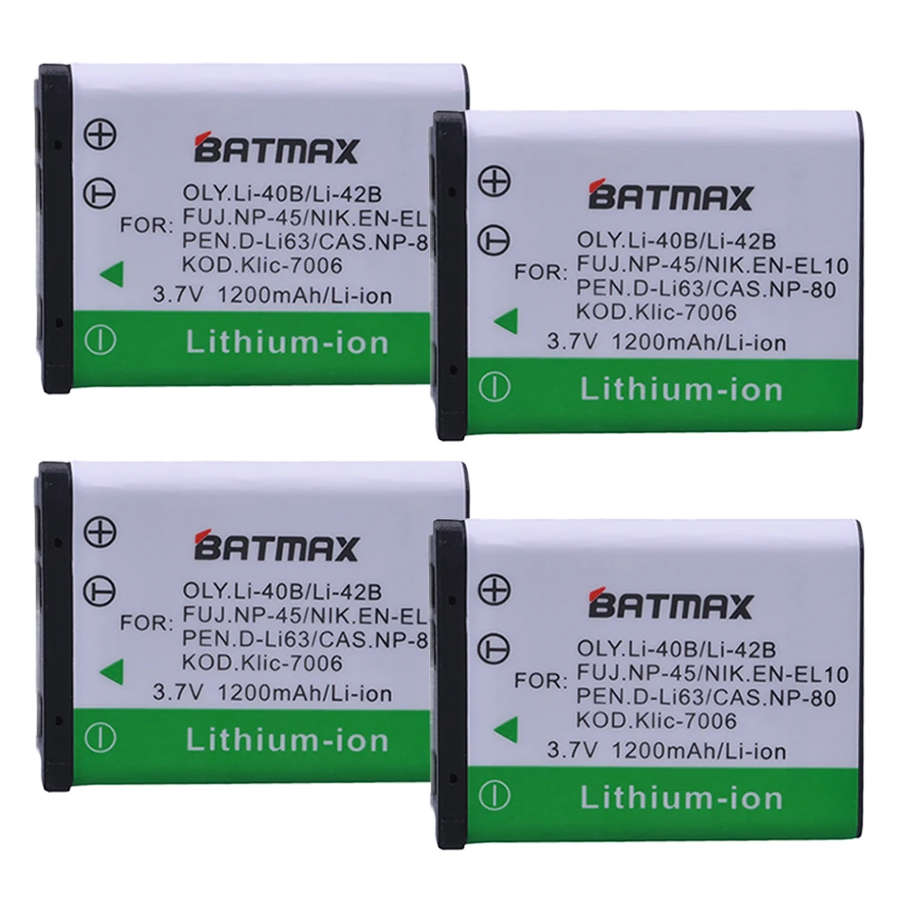 

Batmax 4Pcs Li-42B Li-40B NP-45 EN-EL10 Battery for OLYMPUS U700 U710 FE230 FE340 FE290 FE360 U1040 X915 VR320 VR330 FE5000