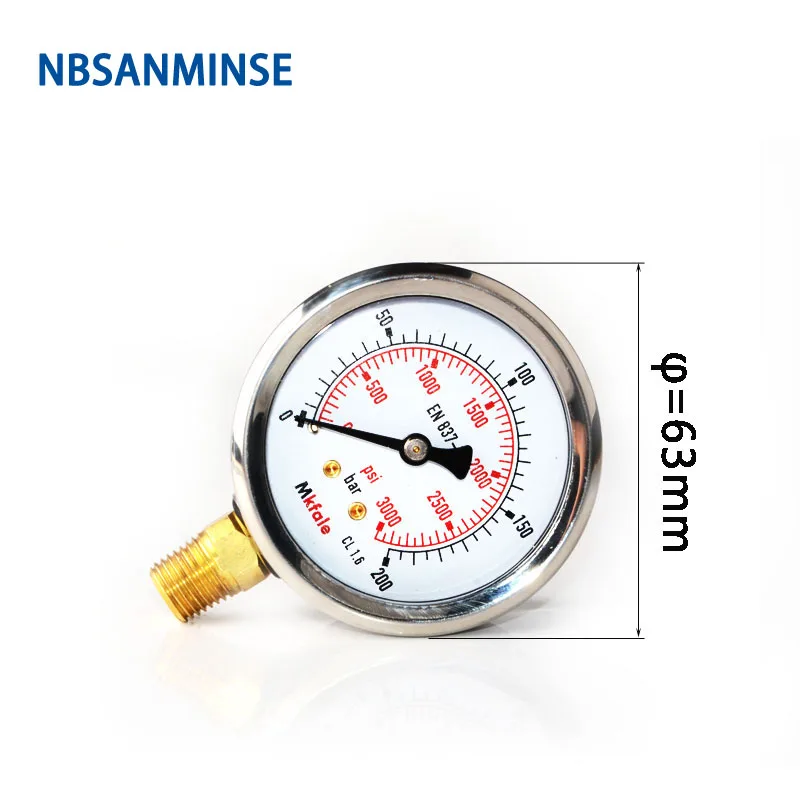 NBSANMINSE Hydraulic High Pressure Oil Gauge SM1SP63L 63mm 2.5inch 1/4 NPT Liquid Manometer Instruments Stainless Steel Gauge