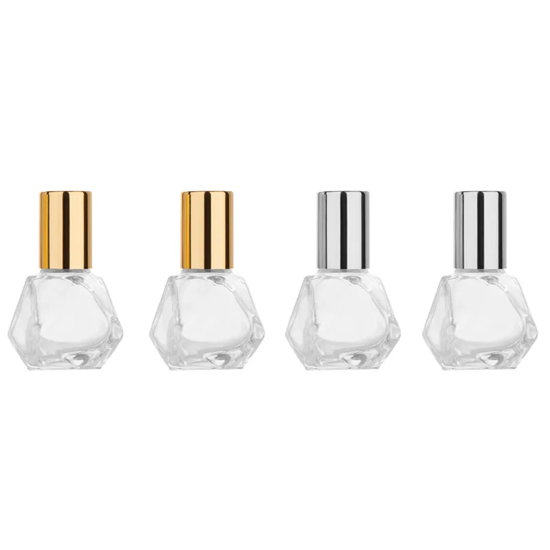 

8ML Essential Oil Empty Bottle Polygonal Clear Refillable Cosmetic Container with Gold Silver Cap Mini Makeup Roll On Bottles