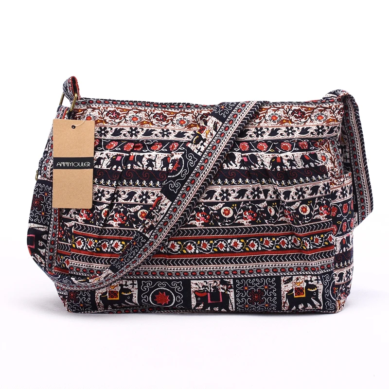 Imagem -05 - Annmouler Bolsa de Ombro Grande Feminina de Tecido de Algodão Bolsa Crossbody Estampada de Elefante Rústico Bolsa Hobo Macia Ajustável Carteiro