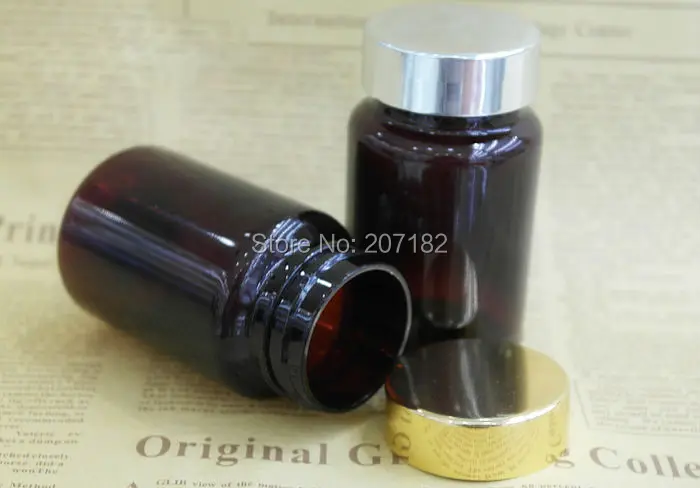 (100PCS/Lot)100ml Amber Color Metal Gold Cap Packer Bottle, 100CC Capsule Bottle, PET Plastic Bottle