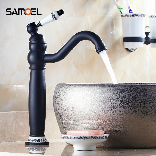 

Black Antique Brass Retro Bathroom Basin Sink Mixer Taps with blue and white porcelain Swivel Spout Tall Faucet B3220