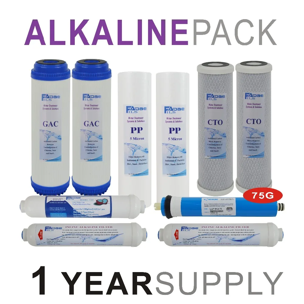 Alkaline Reverse Osmosis System Replacement Filter Sets - 10 Filters with 75 GPD RO Membrane Elements -1 Year Supply-PACK OF 10