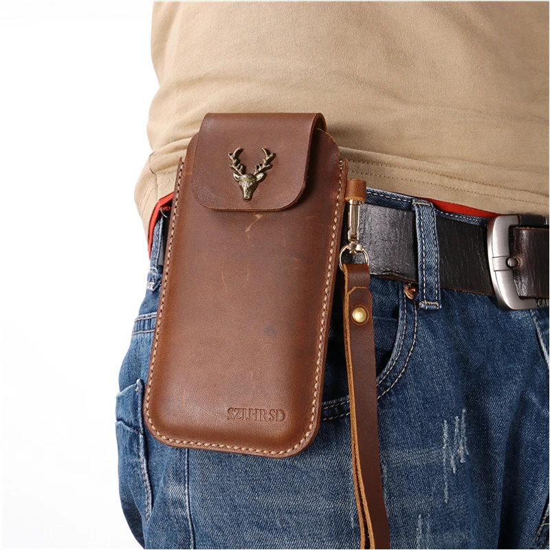 Wrist Hanging Men Genuine Leather Case Mobile Phone Waist Bag Wear Belt Verticle Waist Bag for Samsung Galaxy M30 M20 M10