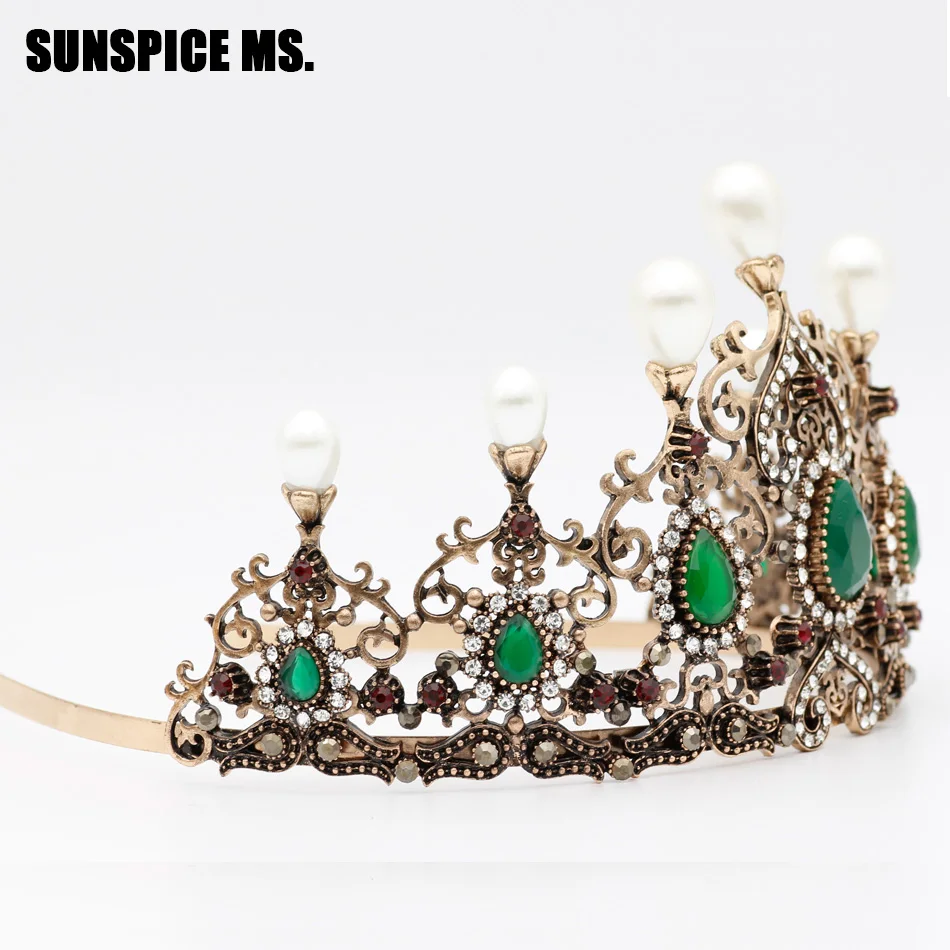 Sunspicems Vintage Turkish Crystal Pearl Tiara Bridal Crown Boehmia Wedding Hair Accessories Party Jewelry Big Headbands