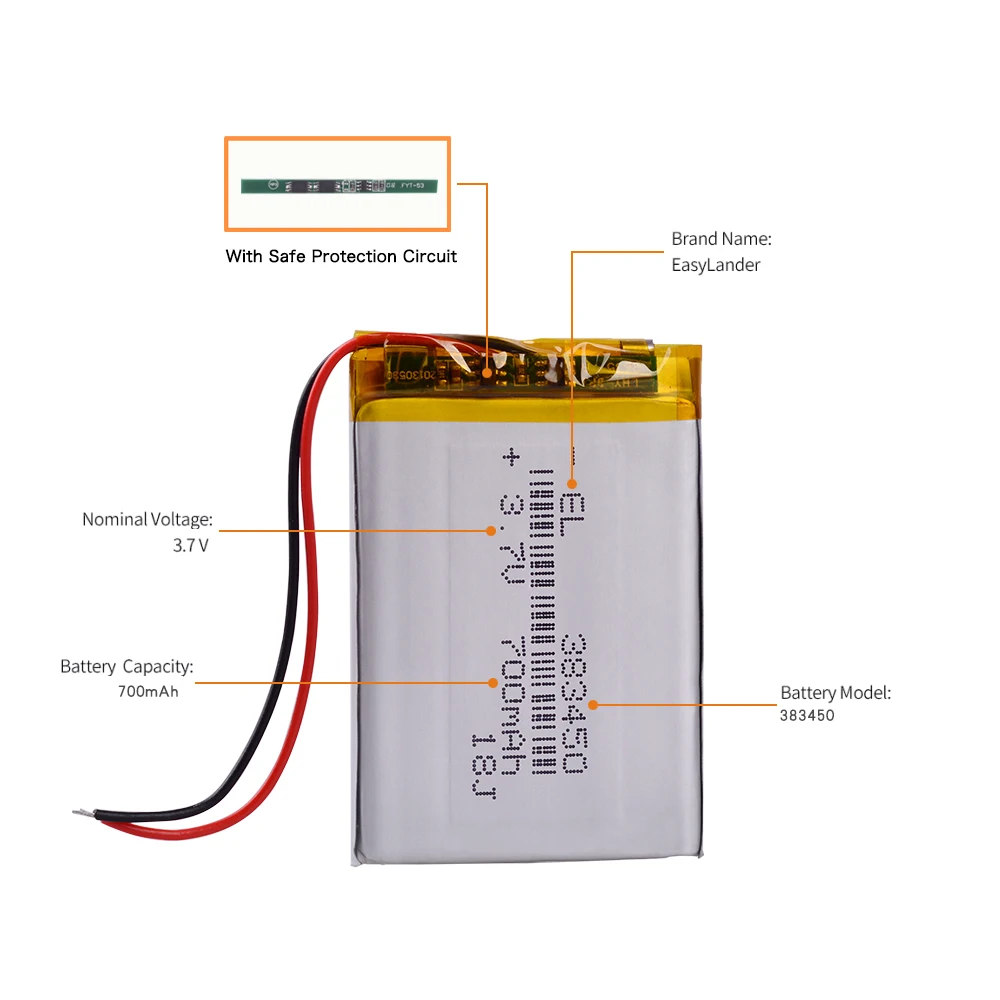 383450 3.7V 800mAH 403450 Rechargeable Lithium Li-ion Polymer Battery for GPS Mp3 Mp4 Mp5 DVD DVR Video Recorder Navigator