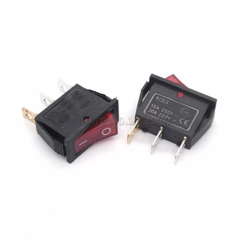 10Pcs Rocker Switch 15A 250V 30A 220VAC 3Pin With Red Light KCD3-102/N 15*32 mm Power Switch