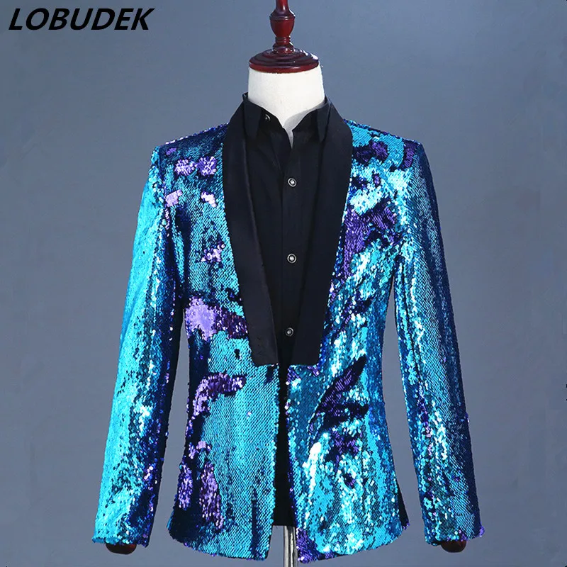 

Fashion Men's Double Side Sequin Blazers Tuxedo Prom Evening Party Host Stage Glitter Suit Jackets Nightclub Male Singer Costume