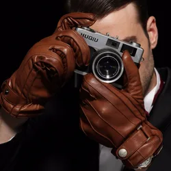 Men's Genuine Leather Gloves Male Autumn Winter Cashmere Knitted Lined Five Fingers Lambskin Leather Gloves EM005WR-1