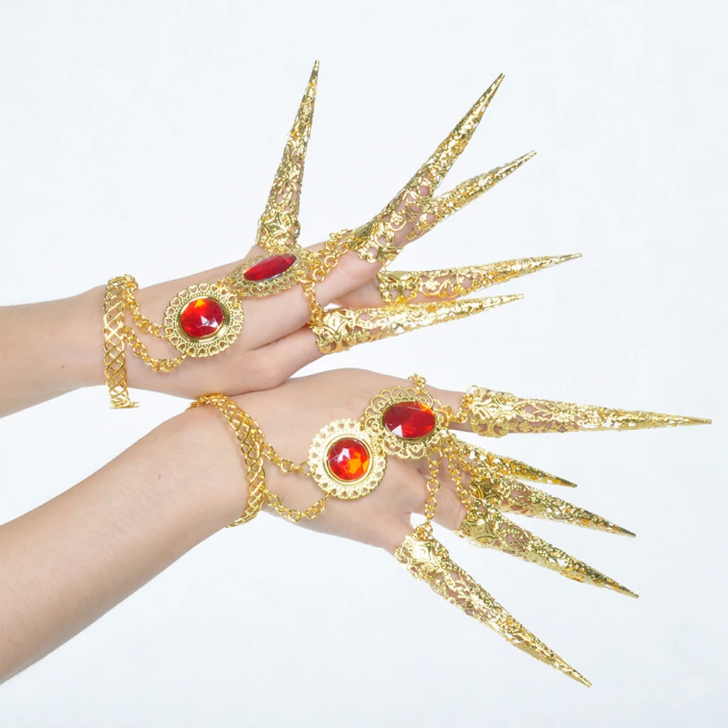 Unique Authentic Dancer Gold Bracelet with Long Finger Nails Costume Accessories for Belly Dance Thai Dance Carnival Halloween