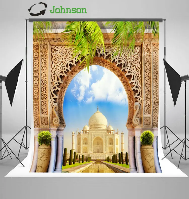 Taj Mahal Palace Arch Column Leaves Garden Outdoor Patio background polyester or Vinyl cloth Computer print wedding backdrops