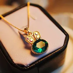 European Fashion Simple Green Sea Exquisite Jewelry Cute Rabbit Pendant Crystal Necklace Female Jewelry Maxi Necklace Choker