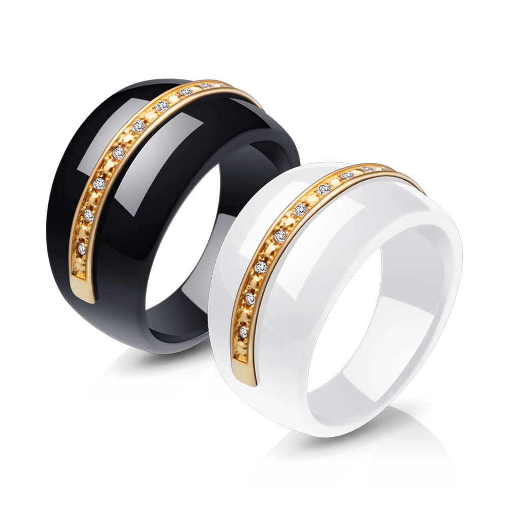 Unique Design Black & White Ceramic Rings For Women Gold Color Metal Cubic Zircon Channel Ceramic Wedding Jewelry