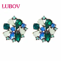 Green colorful Flower Rhinestone Stud Earrings Anti Gold Color Piercing Earrings Trendy Women Wedding Party Jewelry