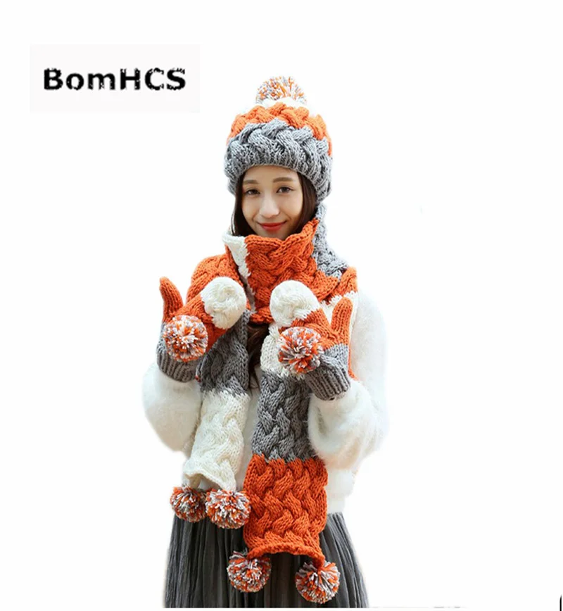 BomHCS 3pcs Suit Neckerchief + Mittens+ Beanie Trichromatic Splicing Winter Handmade Knit Scarf Hat Gloves