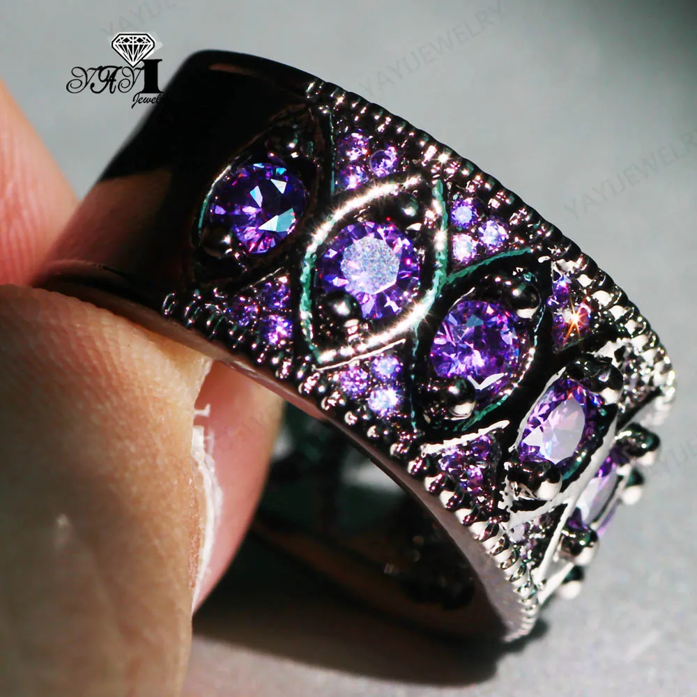 Yayi jóias princesa corte 8.7 ct roxo zircão preto cor cheia de ouro anéis de noivado casamento coração anéis meninas festa anel