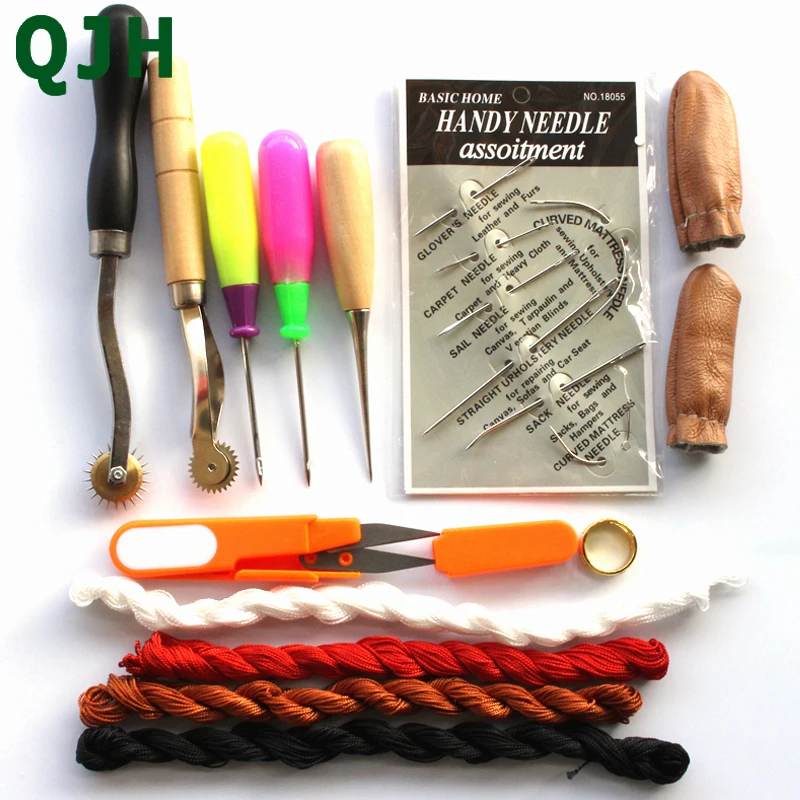 

15 Pcs Wood Awl Waxed Thimble Needle Scissor Sewing Leather Craft Tools Kit Leathercraft Accessories For Personalizing RX0067