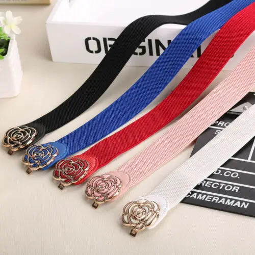 Hot Women Wide Waist Belt Vintage Metal Flower Elastic Stretch Buckle Waistband Cummerbunds