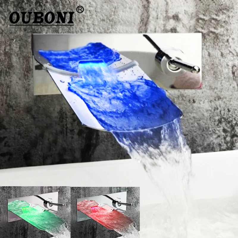 

LED Waterfall Bathroom Faucet Wall Mounted Chrome Polished Vanity Vessel Basin Sinks Mixer Tap Cold And Hot Water Tap