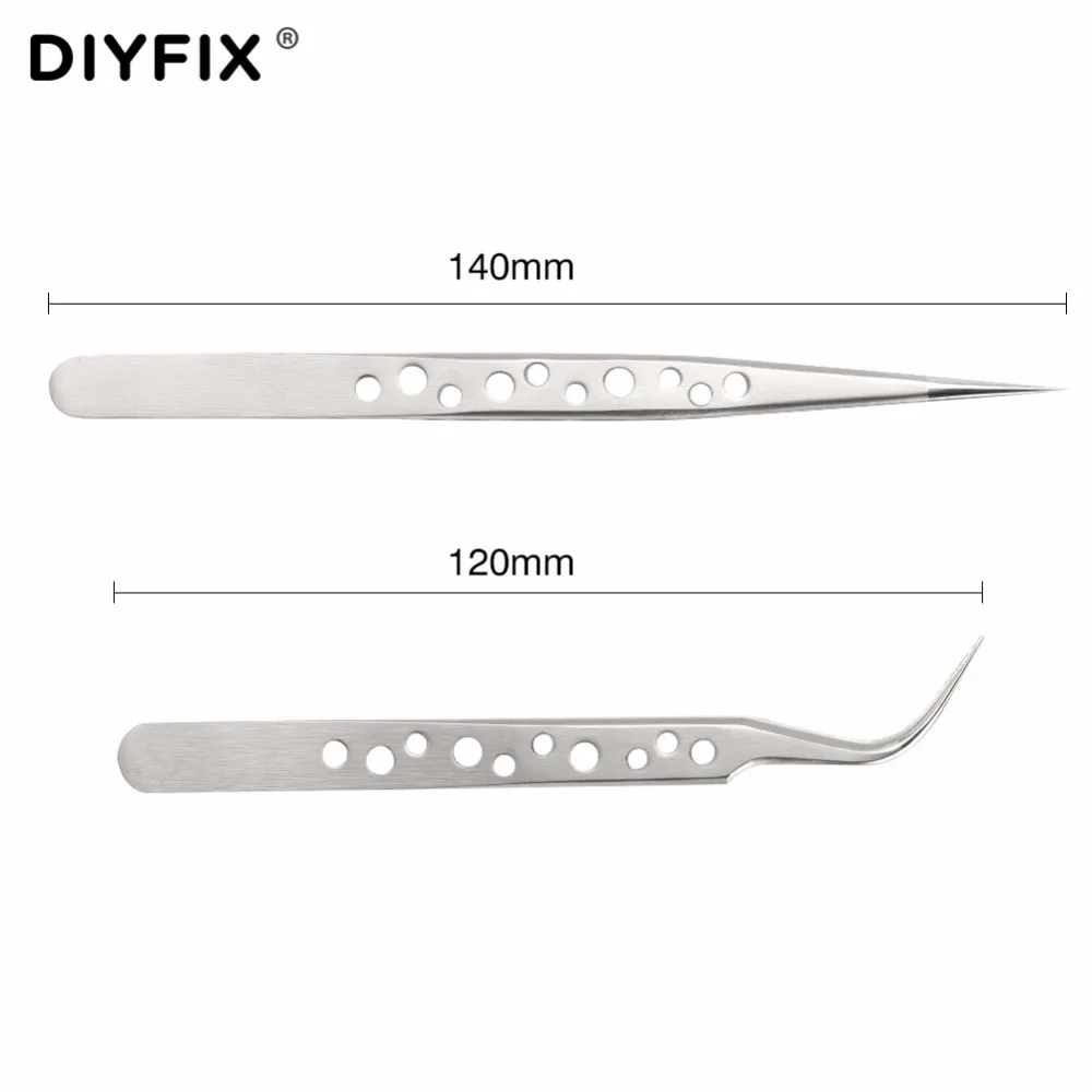 DIYFIX 2Pcs Electronic Tweezers Set Stainless Steel Precision Straight Curved Tweezers for Mobile Phone Repair Tools Kit