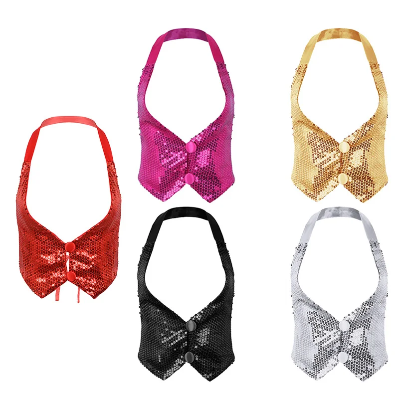 TiaoBug Phụ Nữ Halter Khiêu Vũ Vest Áo Ghi Lê Dành Cho Người Lớn Shiny Sequins Đường Phố Nhảy Hip-Hop Jazz Ca Đoàn Múa Sân Khấu Biểu Diễn Trang Phục
