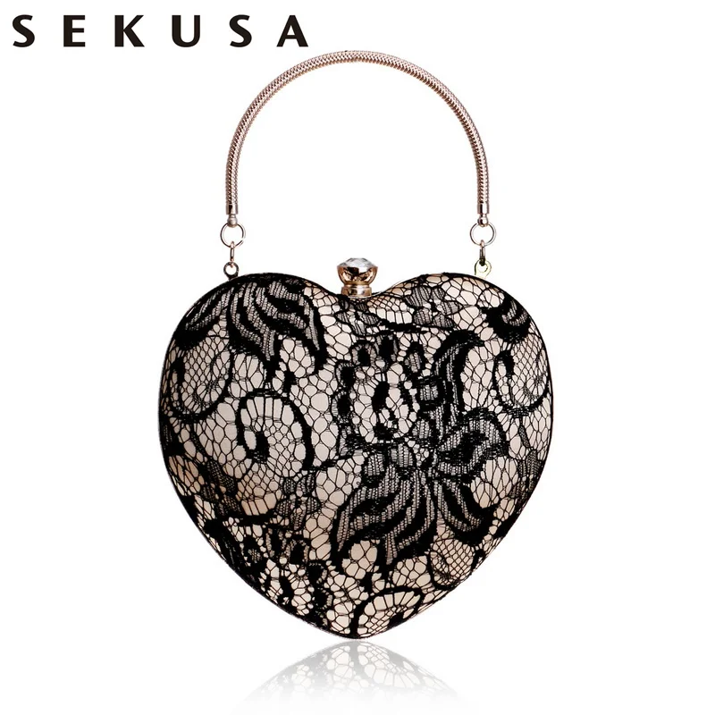 SEKUSA New Arrival Lace Luxurious Women Heart Evening Bags Hollow Out Design Rhinestones Clutches Chain Shoulder Purse Handbags