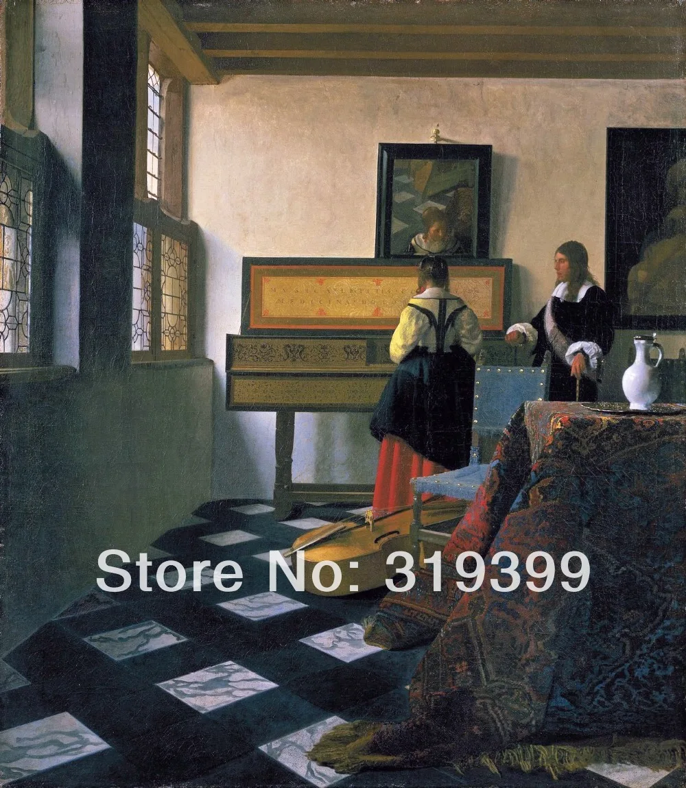 Johannes Vermeer 100% handmade Canvas Oil Painting Reproduction,A Lady at the Virginals with a Gentleman ,Free FAST Shipping