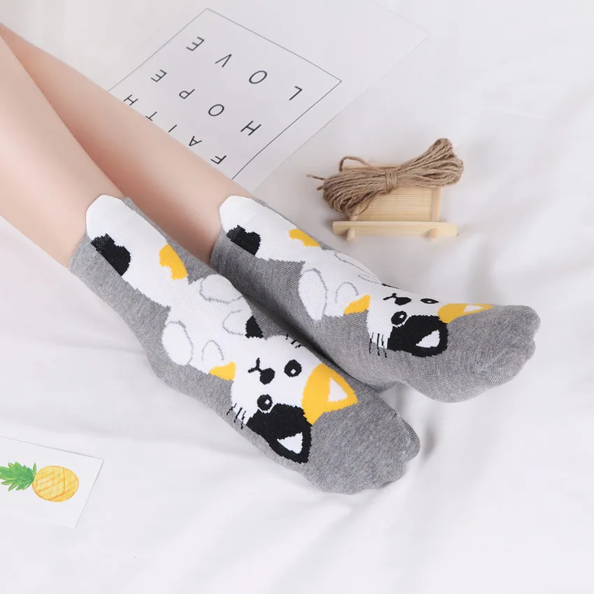 Peonfly otoño de moda mujer algodon para niña cortas divertidos algodón mujeres calcetines largos cortos de dibujos animados de animales oreja impresion Funny Cat Fox ardilla hembra calcetines medias patron casual