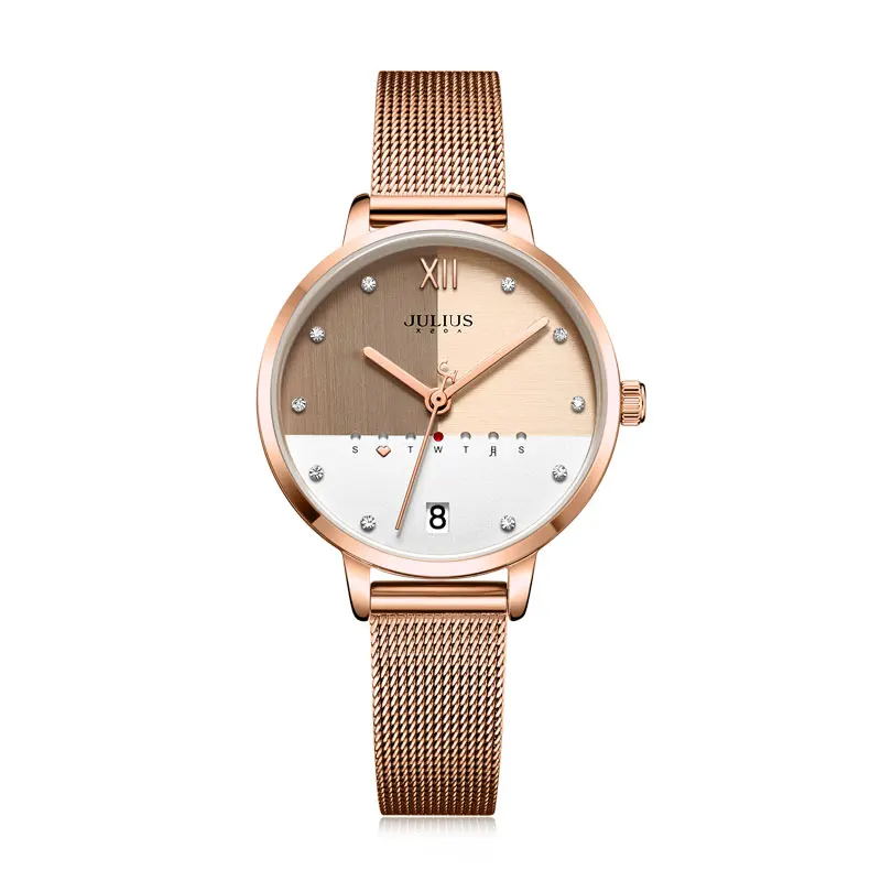 Julius Watch Stainless Steel Mesh Band Elegant Women\'s Business Watch With Calendar Day Rose Gold Multi Color Dial Clock JA-1100