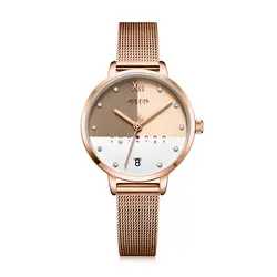 Julius Watch Stainless Steel Mesh Band Elegant Women's Business Watch With Calendar Day Rose Gold Multi Color Dial Clock JA-1100