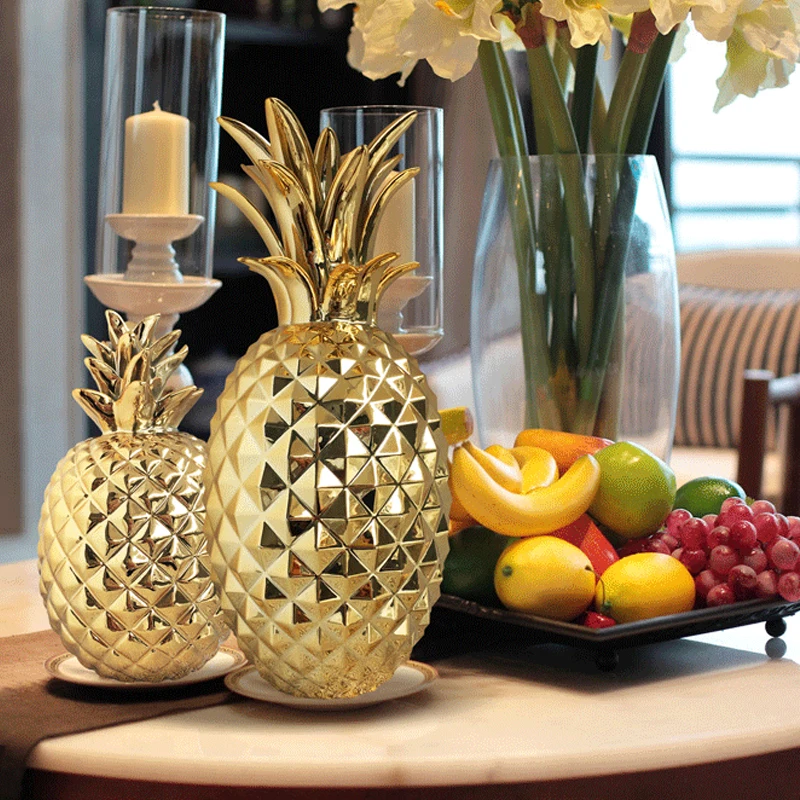 Golden Ceramic Pineapple Modern feng shui home decoration accessories plant fruit bromel figurines wedding decorations