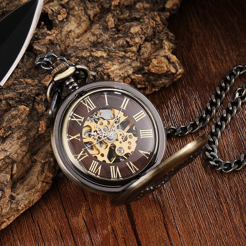 Bronze Deer Flowers Case Mechanical Pocket Watch Men Retro Big Dial Hand Wind Watch Skeleton Steampunk Reloj de bolsillo Cadena