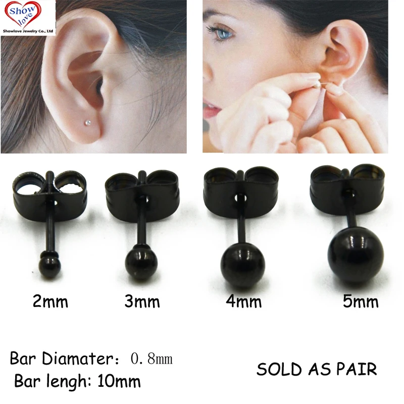 Showlove-PAIR Black Titanium Anodized Bead Ball Ear Studs Piercing Ear Upper Earrings 2mm&3mm&4mm&5mm For Choose