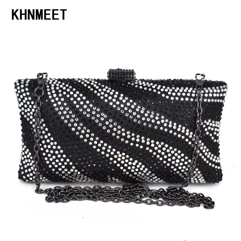 

Fashion Black White Women Clutch Party Evening Bag Luxury Crystal Diamond Chain Clutch Bag Wedding Purse Female Feast Bag 24