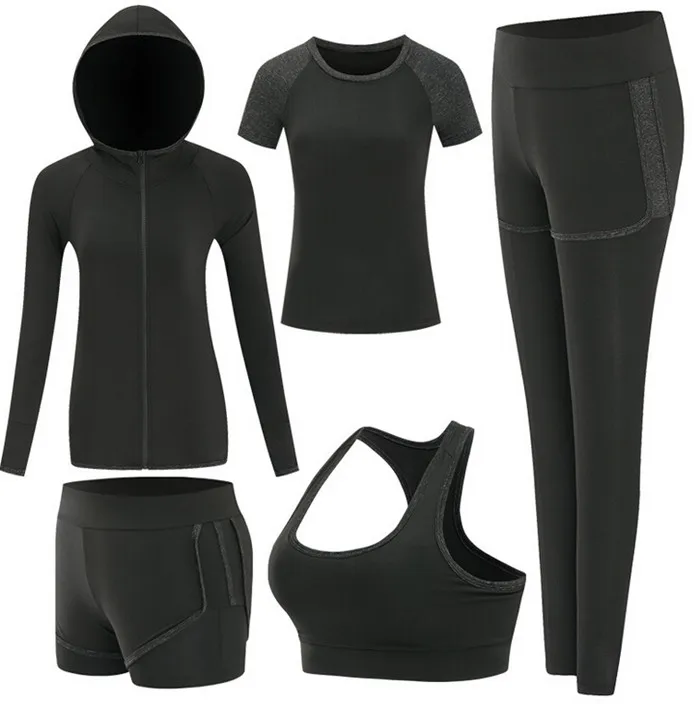 Hot sale women quick dry yoga sets yoga jacket+t shirt+bra+shorts+pants fitness gym clothing womens sports running soft sets