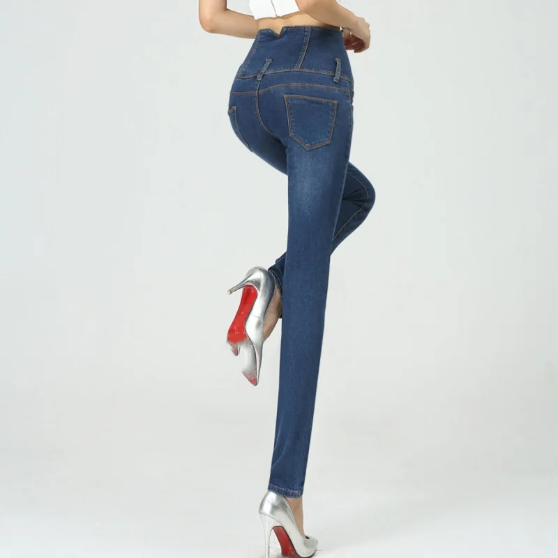 Fashion Quality High Waist Skinny Jeans Women Single Breasted High Elastic Slim Denim Pencil Pants Women Plus Size 26-34