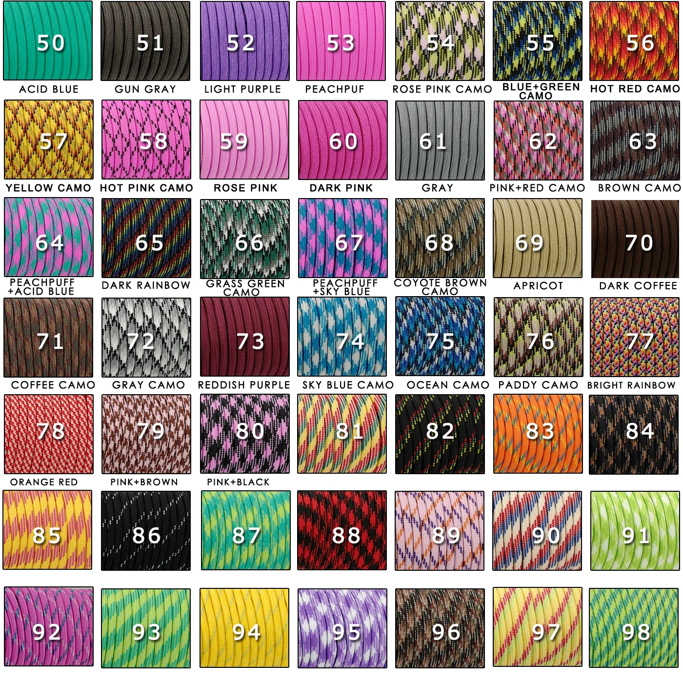 YOUGLE 550 Paracord Paracord Parachute Cord Lanyard เชือกเต็นท์ Guyline Mil Spec ประเภท III 7 Strand Core 50-100 ฟุต 279 สี