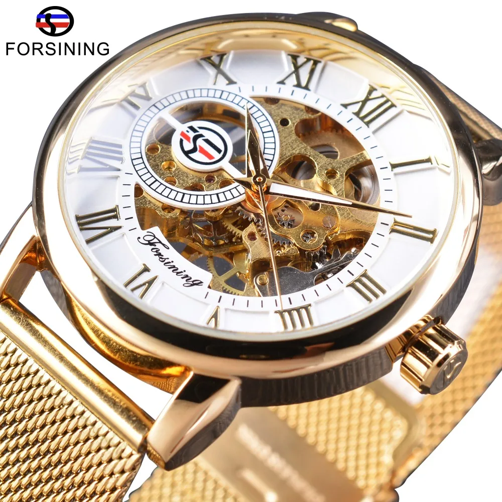 

Forsining Men's Mechanical Watches Golden Stainless Steel Band Transparent Back Cover Classic Fashion Skeleton Wristwatches