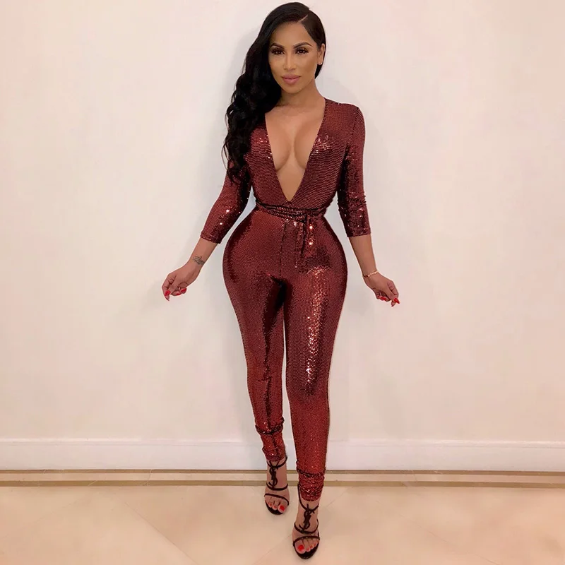 2019 ผู้หญิงเซ็กซี่ Sequined Jumpsuit แขนยาวลึก V คอรูปแบบของแข็ง Skinny เลื่อม Jumpsuit Glossy Bodysuits